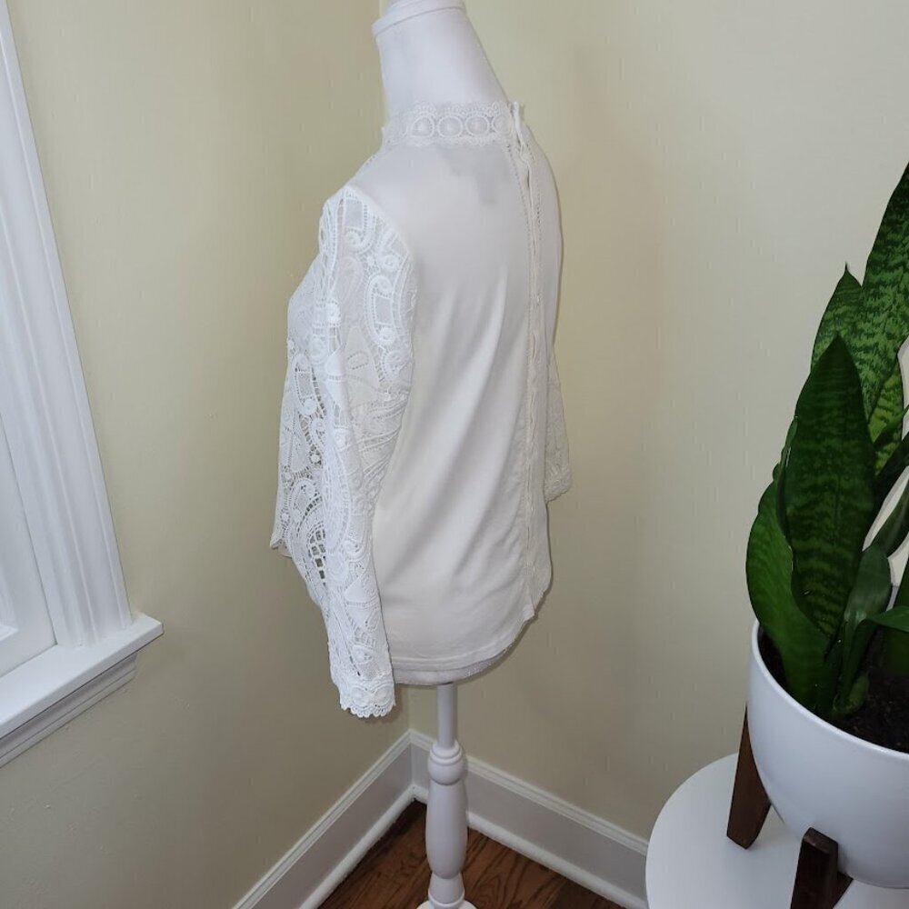 Anthropologie James Coviello Medallion Lace Front  Mock Neck Ivory Blouse SZ SP - Picture 4 of 12
